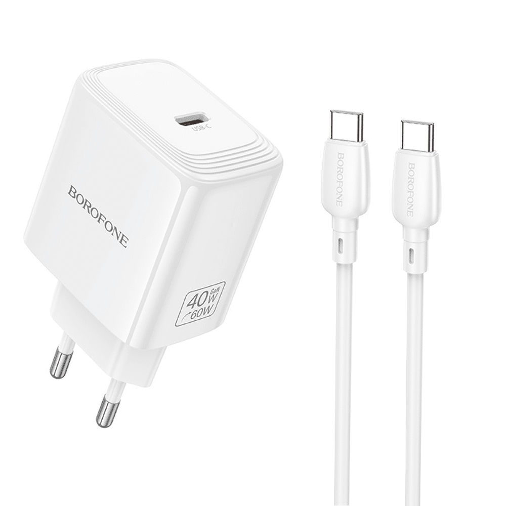 Zidni punjač s kabelom Type-C na Type-C Borofone Fuente GaN Type-C QC3.0 PD 40W bijeli slika 1