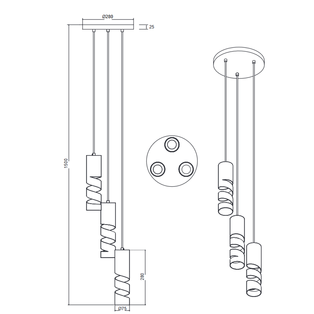Trio Lightning luster STREAM 3, crno-mat slika 5