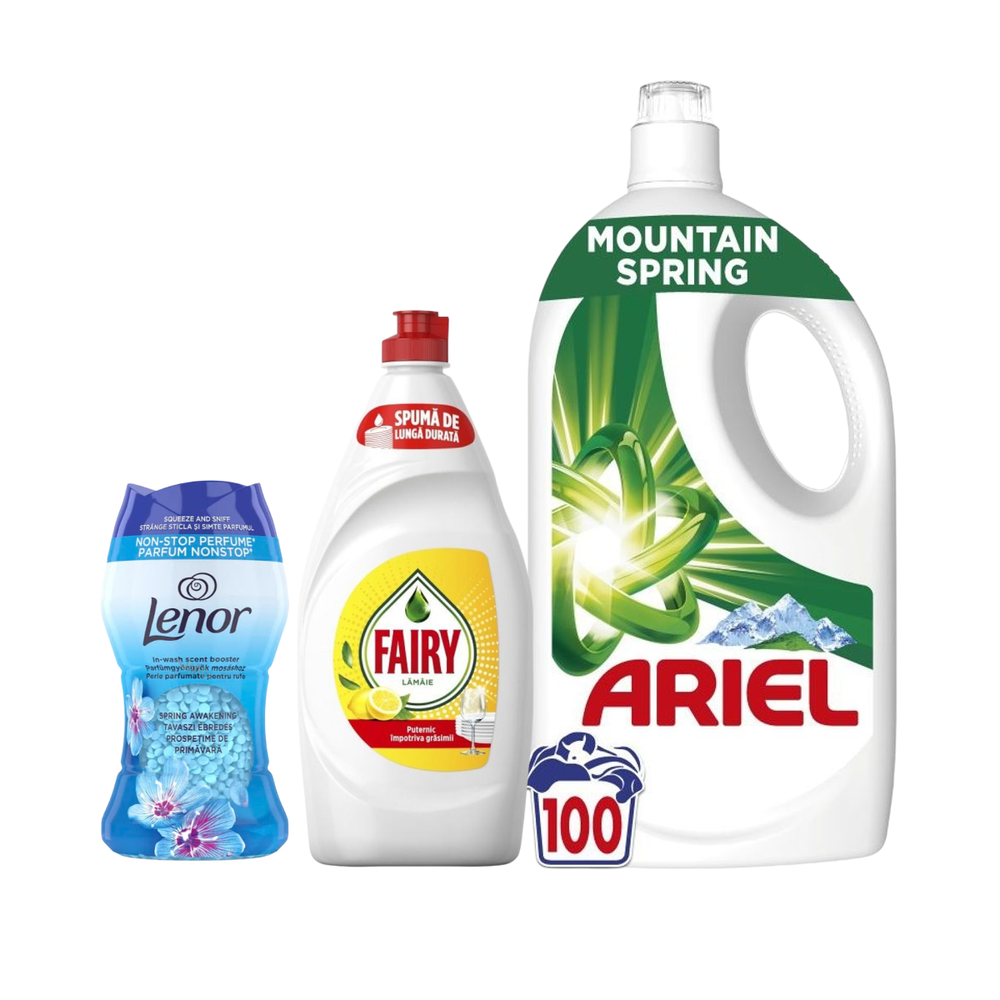 Mega Set za Domaćinstvo – Ariel Tečni Deterdžent 100 Pranja + Fairy Limun 750 ml + Lenor Spring 150 g- Kratak rok  slika 1