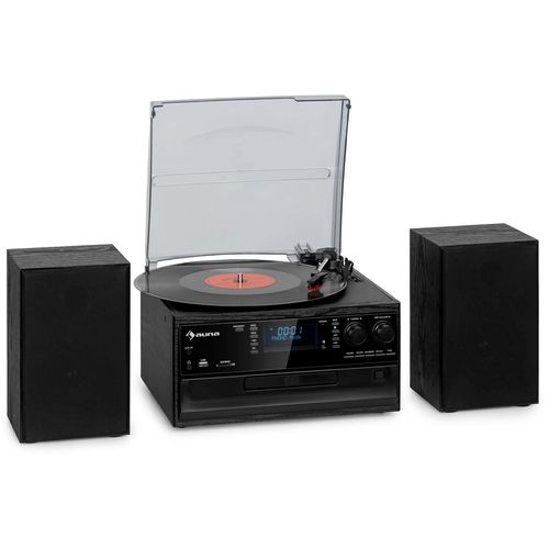 Auna Oakland DAB Plus, retro stereo sustav, DAB +/- FM, BT funkcija, vinil, CD player, kasetofon. uključuje zvučnike, Crna slika 1