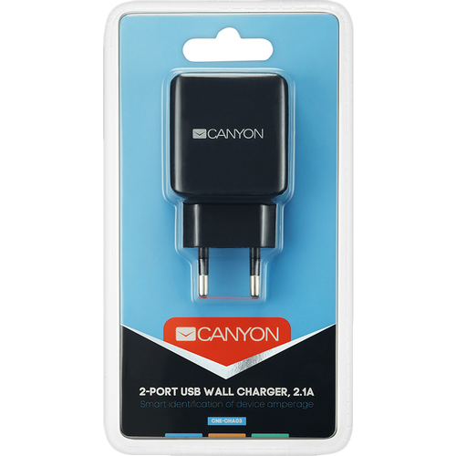 CANYON H-03 Universal 2xUSB AC charger (in wall) with over-voltage protection, Input 100V-240V, Output 5V-2.1A, with Smart IC, black rubber coating with side parts+glossy with other parts, 80*42.5*23.8mm, 0.042kg slika 2