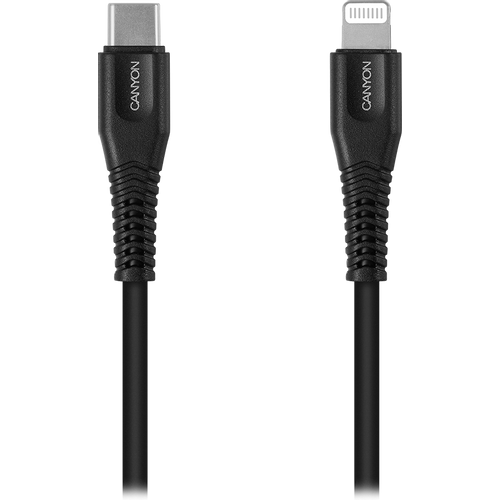 CANYON MFI-4 Type C Cable To MFI Lightning for Apple, PVC Mouling,Function：with full feature( data transmission and PD charging) Output:5V/2.4A , OD:3.5mm, cable length 1.2m, 0.026kg,Color:Black slika 1