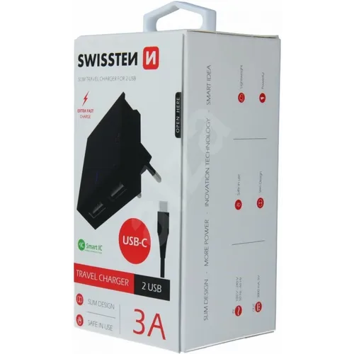 Swissten punjač 2x USB 3A+ kabl Type C 1,2m crna slika 4