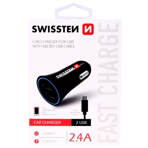 SWISSTEN punjač za auto, 2xUSB, 2.4A, crni + kabel za punjenje USB - microUSB slika 1