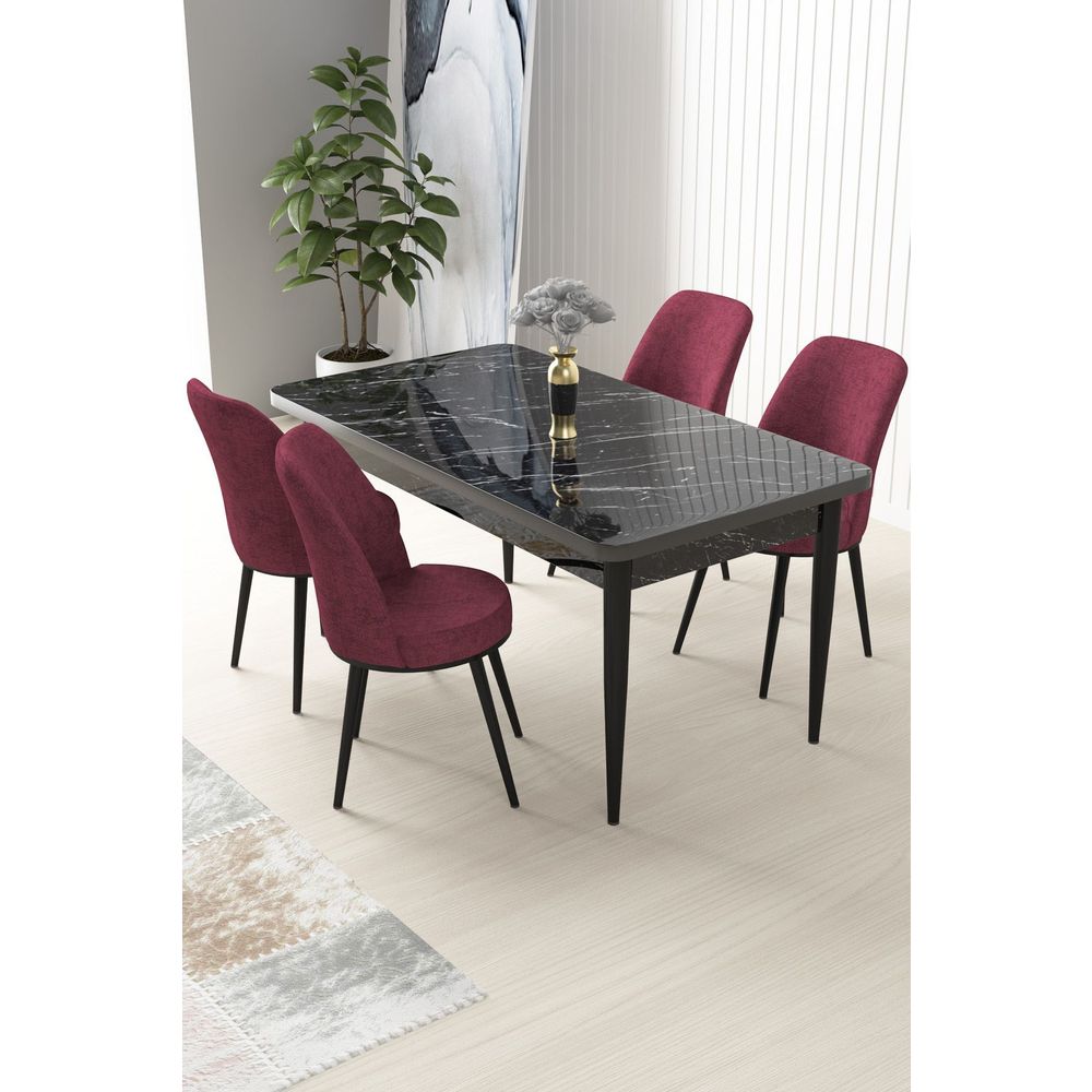 Burgundy Crni Mramorni Trpezarijski Sto i Stolice Set (5 Komada) slika 1