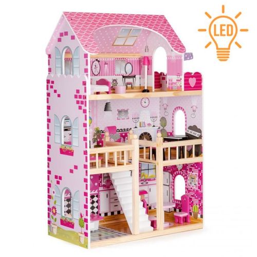 Drvena kućica za lutke, LED, namještaj slika 1