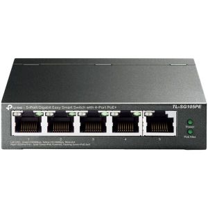 5-Port Gigabit Easy Smart Switch with 4-Port PoE+ 4× Gigabit PoE+ Ports, 1× Gigabit Non-PoE Ports 802.3af/at, 120 W PoE Power, Desktop Steel Case PoE Auto Recovery, MTU/Port/Tag-based VLAN, QoS, IGMP Snooping, Web/Utility Management, Plug and Play
