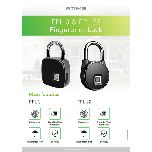 Amiko lokot/katanac sa otiskom prsta (fingerprint), IP66 - FPL-22 slika 4
