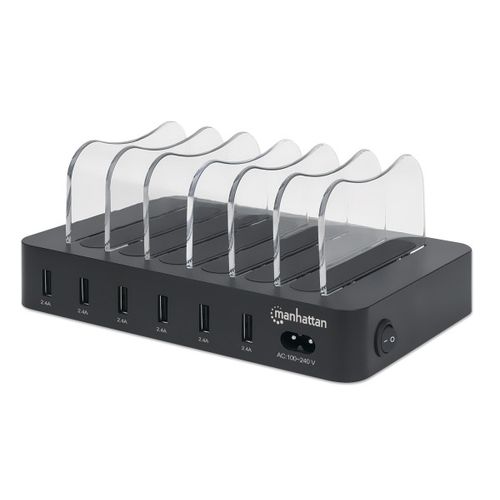 USB punjač 6-port Manhattan 102254 5V/2.4V/50W/držač za telefon Crni slika 1