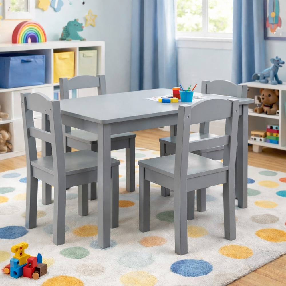 Kinder Home Dječiji drveni sto sa četiri stolice, Sivi slika 5