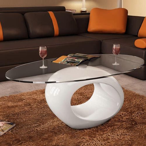 Stolić za Kavu s Ovalnom Staklenom Pločom Visokog Sjaja Bijeli slika 1