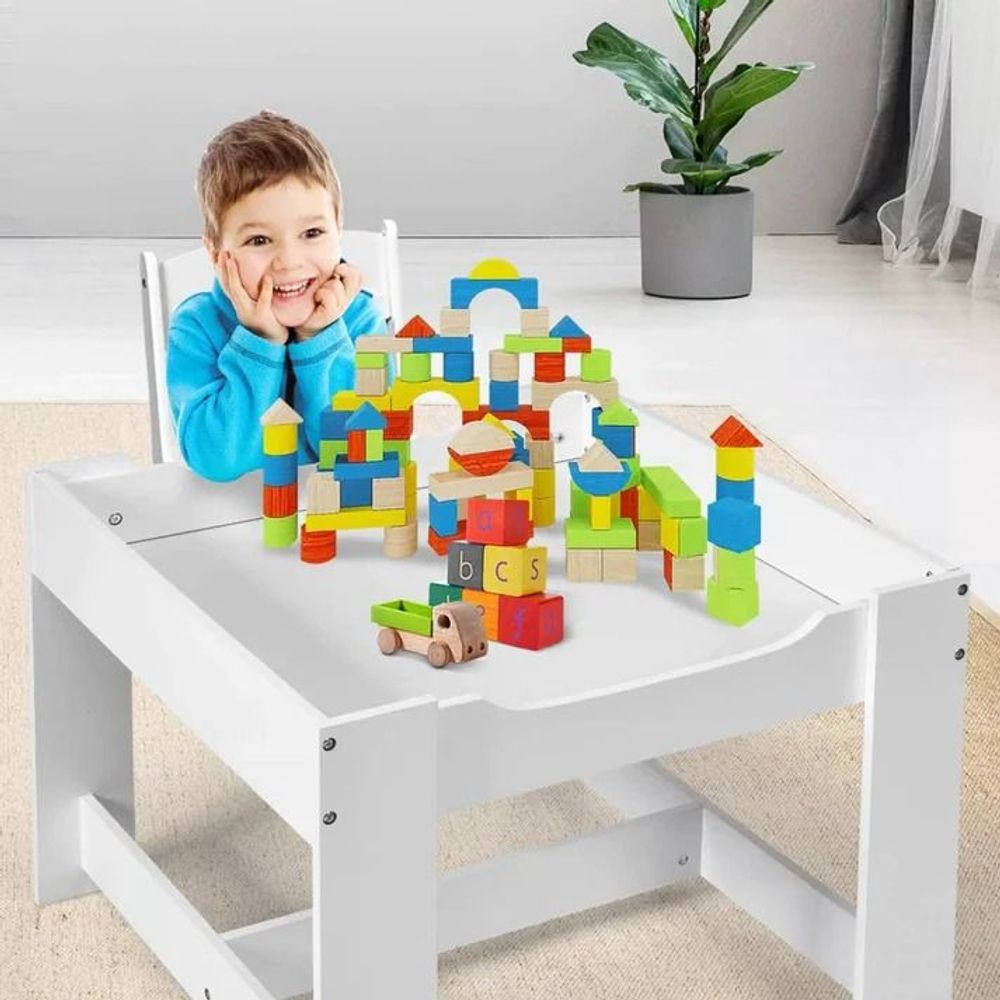 Kinder Home Drveni dječiji sto sa dvostranom pločom i dvije stolice, Bijeli/Sivi slika 15