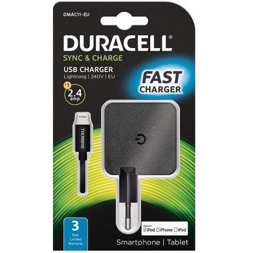 Duracell Punjač – Uni 1xUSB + Lightning cable – 2.4A - Black slika 1