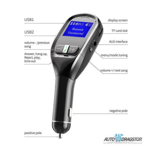 FM PREDAJNIK (TRANSMITER), USB PUNJAČ, 2 USB ULAZA, BLUETOOTH 5.0, MP3/WMA slika 7