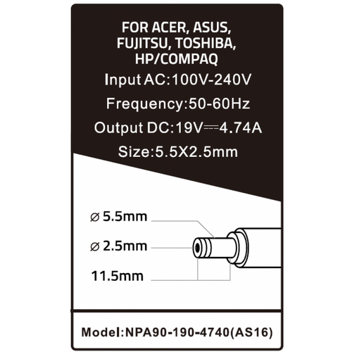 NPA90-190-4740 (AS16) ** Gembird punjac za laptop 90W-19V-4.74A, 5.5x2.5mm black (908) slika 2