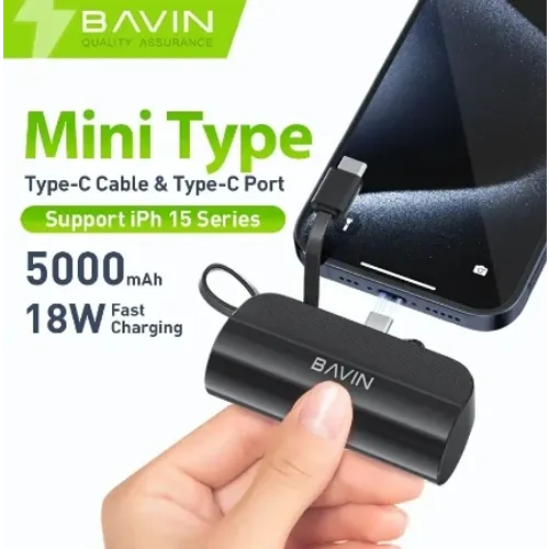 Bavin Power bank 5000mAh USB-C port + kabl type-C crna slika 1