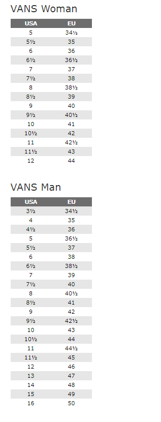 Tablica veličina za brand Vans