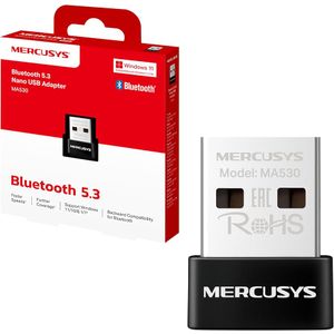 Mercusys MA530 Bluetooth 5.3 Nano USB Adapter, Bluetooth 5.3, Nano-Size, USB 2.0, Supported operating systems include Win 11/10/8.1/7, Work with devices supported the earlier Bluetooth version