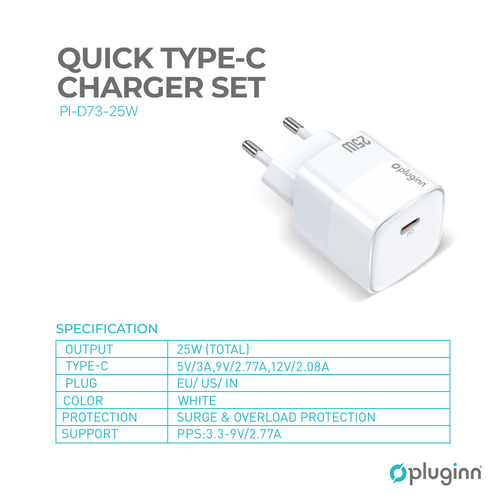 Kucni punjac Pluginn PI-D73-25w, PD 3.0, PPS, 25W sa PD iPhone lightning kablom beli CE slika 2