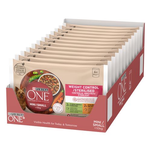 Purina ONE® Weight Control, 12x(4x100g) s puretinom, mrkvom i graškom u umaku sa svinjetinom, smeđom rižom i rajčicama u umaku slika 2