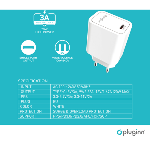 Kućni punjač Pluginn PI-D61S, PD3.0, PPS, 20W sa PD Type C kablom beli slika 2