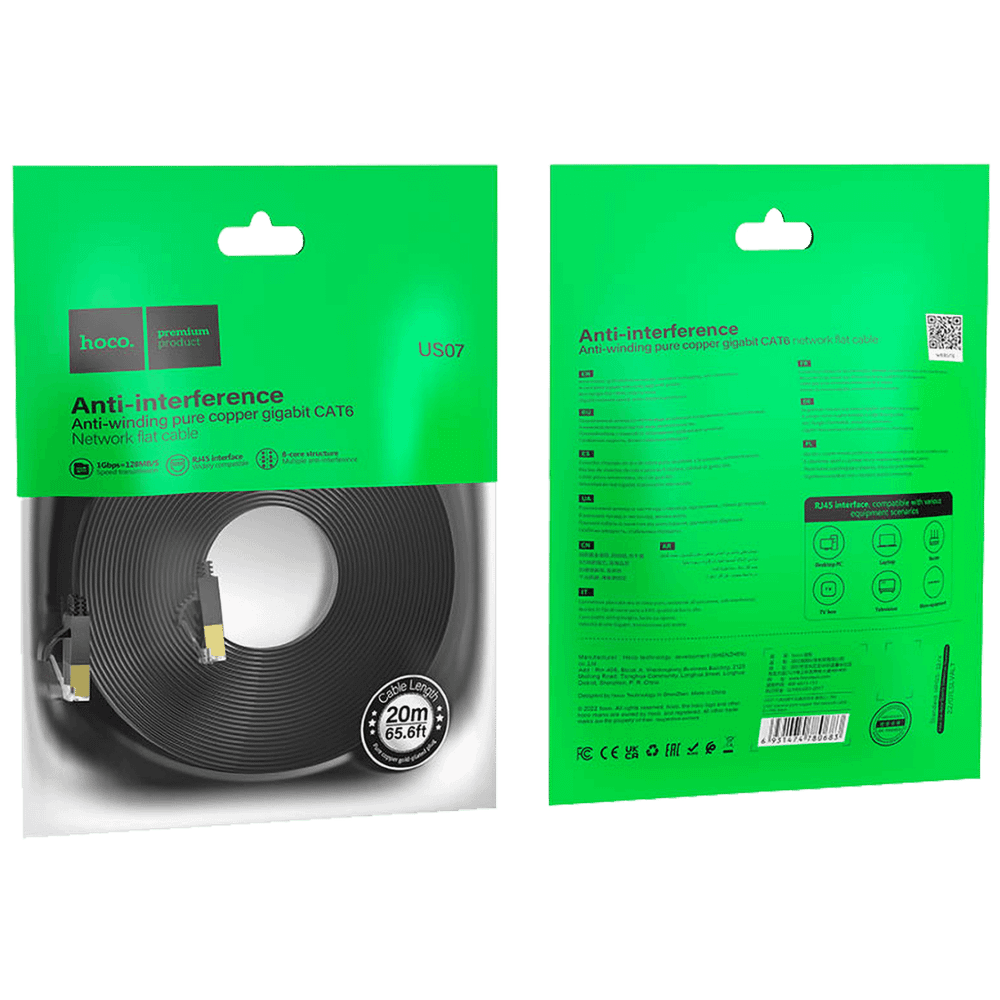 hoco. Mrežni kabl, CAT6, Gigabit Ethernet, flat, 20 met., crna - US07 General, 20 met. slika 4