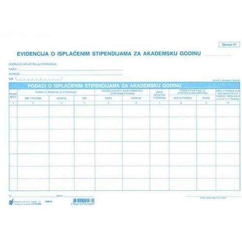 IX-406 EVIDENCIJA O ISPLAĆENIM STIPENDIJAMA ZA AKADEMSKU GODINU (Obrazac ST); List, 29,7 x 21 cm slika 2