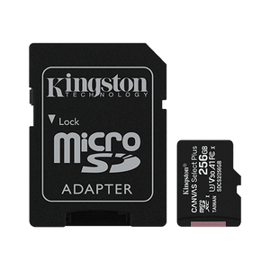 Kingston SDCS2/256GB MicroSD 256GB, Canvas Select Plus, Class 10 UHS-I U3 V30 A1, Read up to 100MB/s, Write up to 85MB/s, w/SD adapter