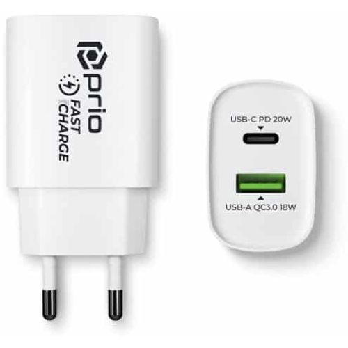 Prio Fast Charge zidni punjač 20W PD (USB C) + QC 3.0 (USB A) bijeli slika 1
