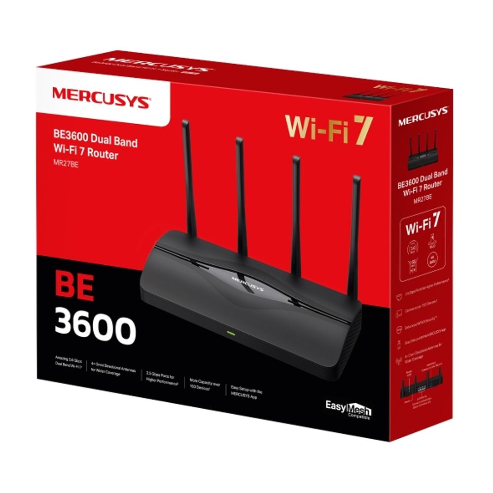 Mercusys MR27BE BE3600 Dual-Band Wi-Fi 7 Router, 688 Mbps at 2.4 GHz + 2880 Mbps at 5 GHz, 4× External Antennas, 1× 2.5 Gbps WAN port + 1× 2.5 Gbps LAN port + 2× Gigabit LAN ports, MLO, 4096-QAM, OFDMA, HE160, MERCUSYS App, Router/Access Point Mo slika 2