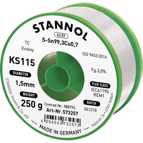 Stannol KS115 lemna žica, bezolovna svitak  Sn99,3Cu0,7 250 g 1.5 mm Tinol, bezolovni kolut Stannol KS115 SN99Cu1 250 g 1.5 mm slika 3