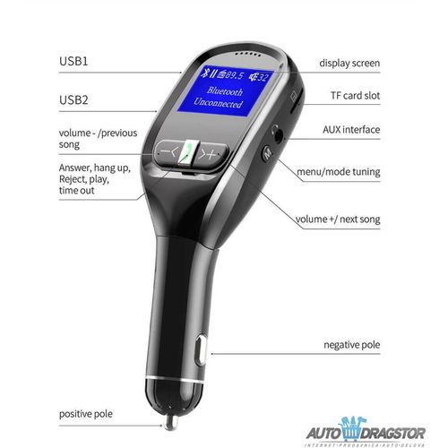 FM PREDAJNIK (TRANSMITER), USB PUNJAČ, 2 USB ULAZA, BLUETOOTH 5.0, MP3/WMA slika 7