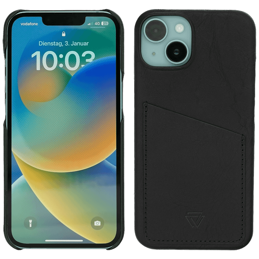 Wachikopa Navlaka za iPhone 14, držač za kartice, koža, crna - Full Leather Case iPhone 14 Black slika 1