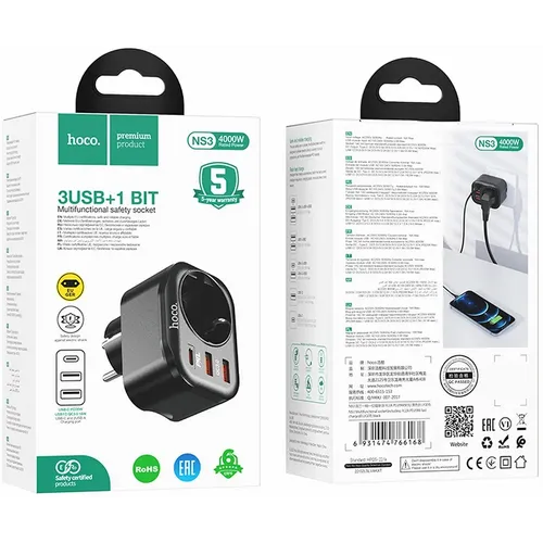 HOCO zidni punjač / adapter Type C PD 20W + 2x USB QC3.0 3A + EU utičnica - crni. slika 5