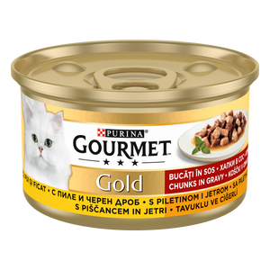 Gourmet Gold Hrana za mačke, komadići u umaku, piletina i jetrica, 85g