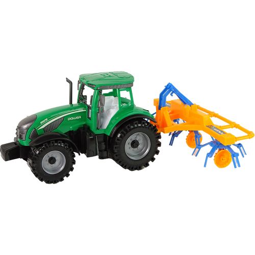 Zeleni traktor s narančastim grabljama slika 2