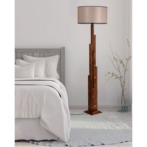 Kule Ceviz Ahşap Lambader Silindir Koyu Hasır Abajurlu Walnut Floor Lamp