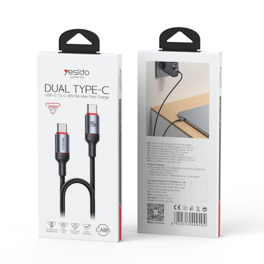 USB-C na USB-C kabel Yesido CA185 240 W 200 cm crni slika 1