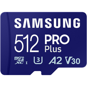 Samsung MB-MD512SA/EU MicroSD 512GB, PRO Plus, SDXC, UHS-I U3 V30 A2, Read up to 180MB/s, Write up to 130 MB/s, for 4K and FullHD video recording, w/SD adapter