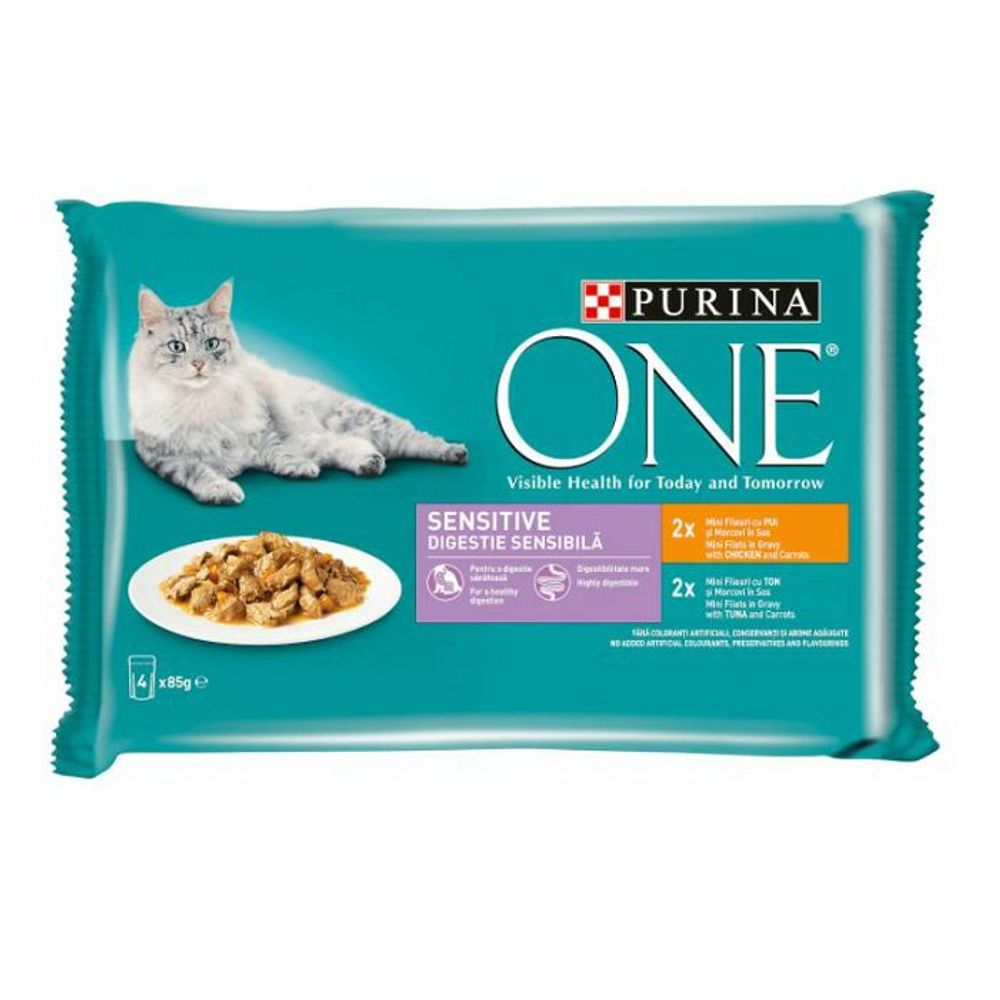 Purina ONE Sensitive Adult vrećice za mačke, mini fileti s piletinom i mrkvom, s lososom i mrkvom u umaku, 4x85 g slika 1