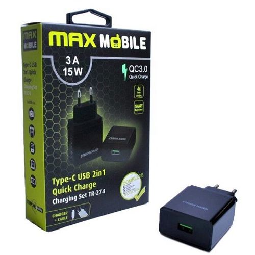 Maxmobile kućni punjač set 2u1 qc 3.0 quick charge usb+ type c, 3a,15w crni slika 1