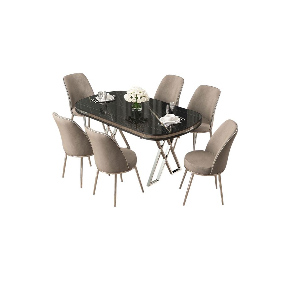 Set trpezarijskog stola i stolica (7 komada) - Crni mramor, hrom, kapučino slika 2
