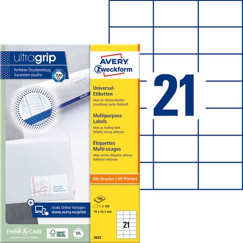 Avery Zweckform 3652 višenamjenske naljepnice A4 ultragrip 70x42,3mm 100 listova 2.100 naljepnica bijele   slika 2