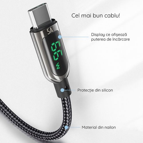 Yesido - podatkovni kabel (CA85) - USB na Type-C 66W 5A digitalni zaslon - 120 cm - crni slika 5