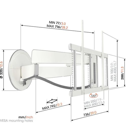 Vogels TVM7655WH, zidni stalak za ekrane od 40"-77", pomak 120°, max 35kg bijeli slika 2