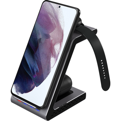 Prestigio ReVolt A9, 3-in-1 wireless charging station for Samsung smartphone, Galaxy Watch, Galaxy Buds and other Android devices, wireless output for phone 7.5W/10W, wireless output for earphones 5W, wireless output for Galaxy Watch 2.5W, material: aluminum+tempered glass, space grey color slika 9