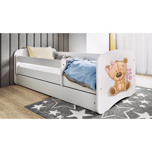 Drveni dječji krevet MEDO S CVIJEĆEM s ladicom - bijeli - 160x80cm slika 1