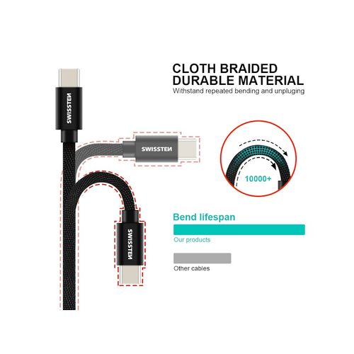 SWISSTEN kabel USB-C/USB-C , platneni, 2 m, crni slika 4