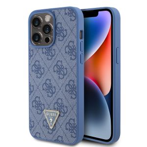 GUESS maska za iPhone 15 Pro Max LEATHER 4G TRIANGLE STRASS BLUE