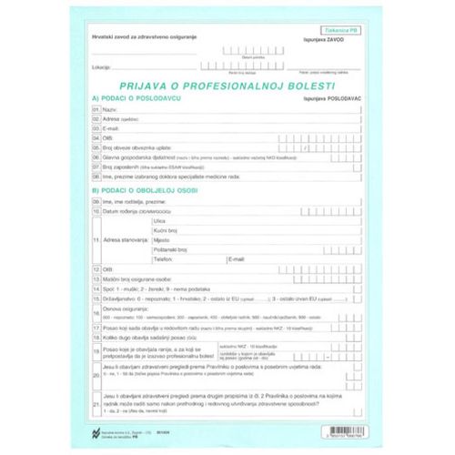 PB PRIJAVA PROFESIONALNE BOLESTI (Obrazac PB); Arak, 21 x 29,7 cm slika 1